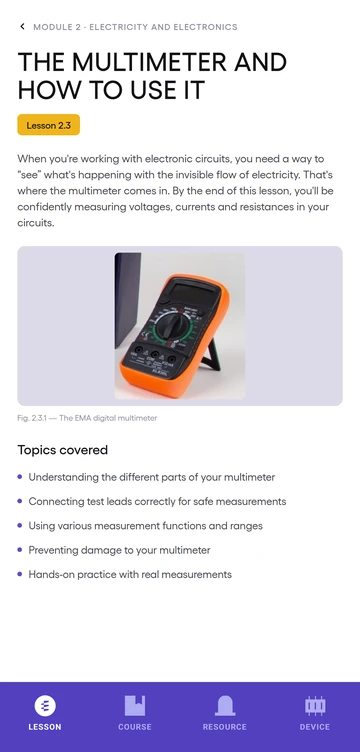 EMA app — Module 2 lesson on the multimeter and how to use it
